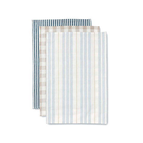 Madras Link - Noosa Blue/Taupe Stripe Teatowel Pack of 3