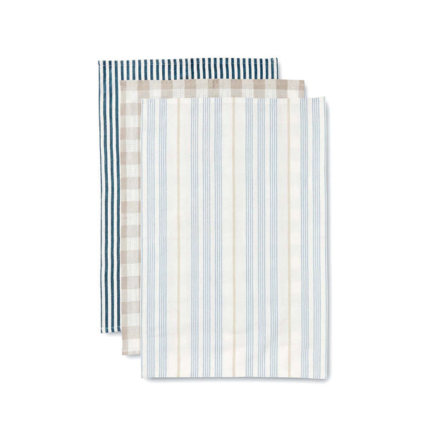 Madras Link - Noosa Blue/Taupe Stripe Teatowel Pack of 3