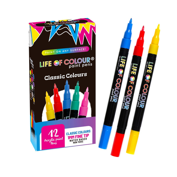 Life of Colour - Classic Colours 1mm Fine Tip Acrylic Paint Pens - Set of 12