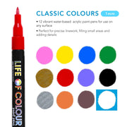 Life of Colour - Classic Colours 1mm Fine Tip Acrylic Paint Pens - Set of 12