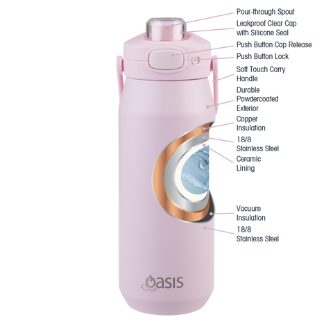 Oasis - Capri Ceramic Lined Stainless Steel Triple Wall Insulated Drink Bottle with Quick Release 750ml Pink Lemonade