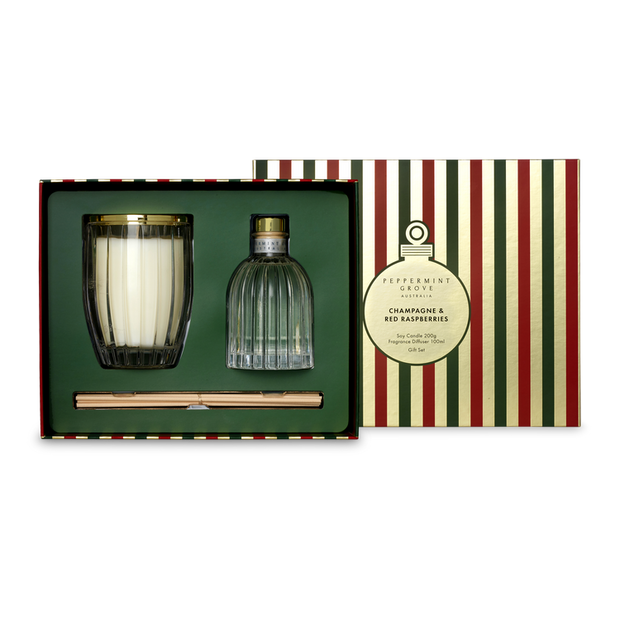 Peppermint Grove - Champagne & Red Raspberries Candle & Diffuser Gift Set