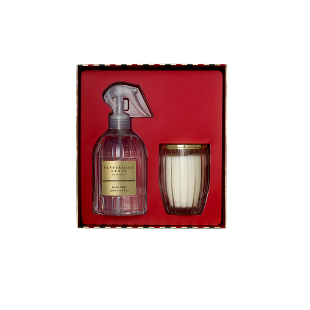 Peppermint Grove - Champagne & Red Raspberries Candle & Room Spray Gift Set