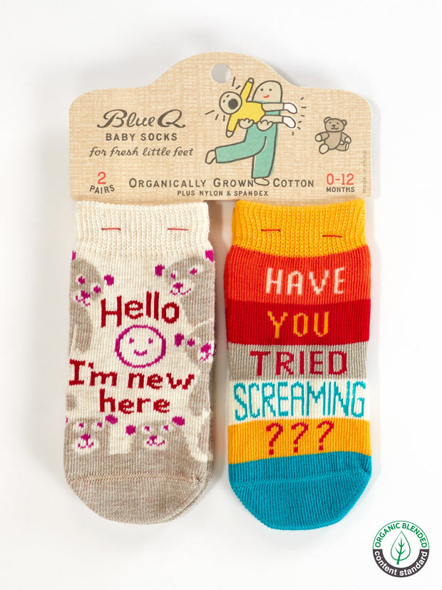 Blue Q - Hello I'm New Here/ Have You Ever Tried Screaming? Baby Socks