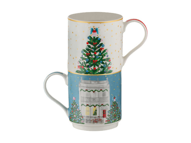 Christmasville Mug Set of 2 Terrace Front / Tree Gift Boxed