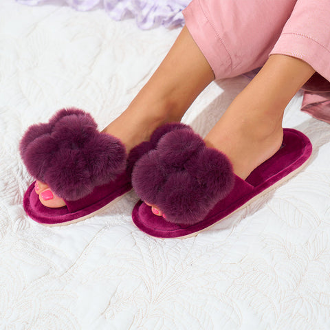 Annabel Trends - Cozy Luxe Pom Pom Slipper - Mulberry