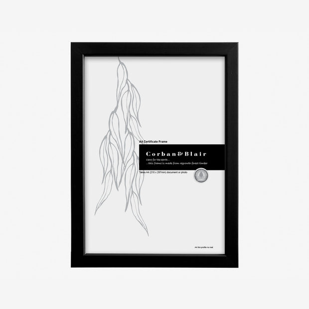 Corban & Blair - Slim Frame A4 Flat Certificate Frame (No Mat) Black