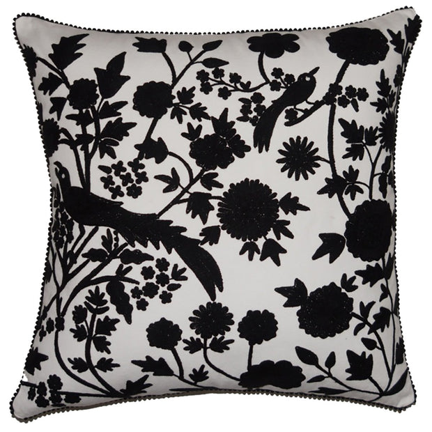 Ruby Star - Peacock and Flowers Cushion - White/Black Cotton/Linen 60x60cm